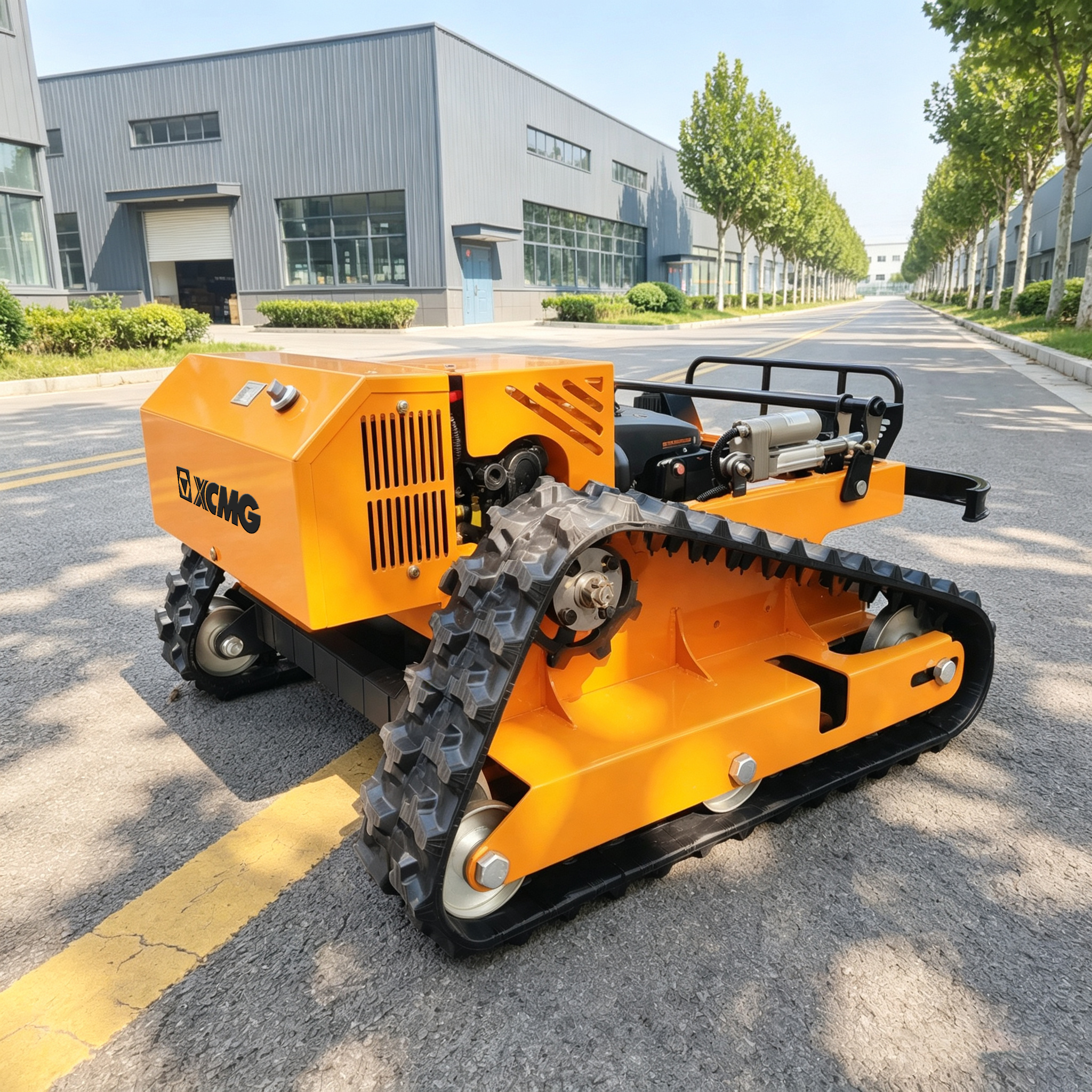 XCMG tracked remote control mower in an industrial facility